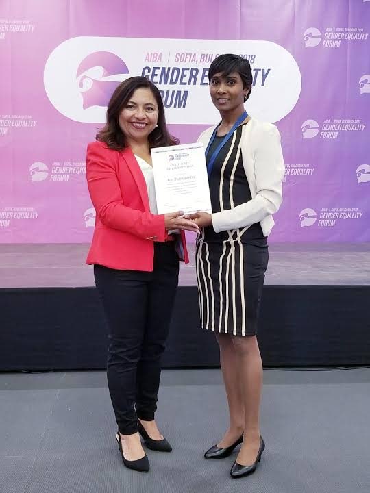 Former TT professional boxer, Ria Ramnarine, right, during AIBA’s Gender Equality Forum, which was held in Sofia, Bulgaria, last year. Ramnarine was subsequently appointed as a member of AIBA’s women’s commission.