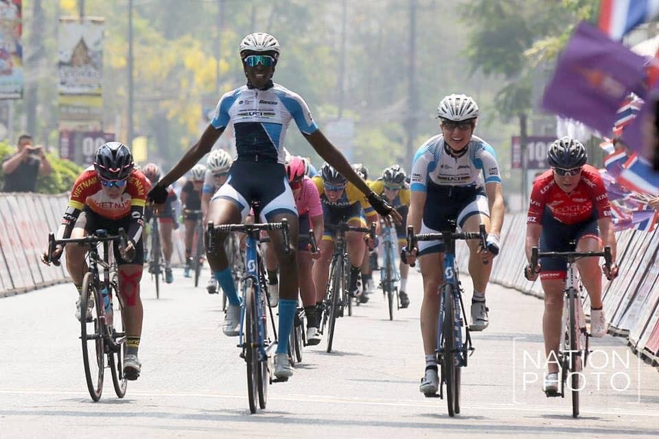 TT elite cyclist Teniel Campbell, representing the UCI World Cycling Centre women's team crosses the finish line yesterday, winning the second stage race in the Tour of Thailand. 