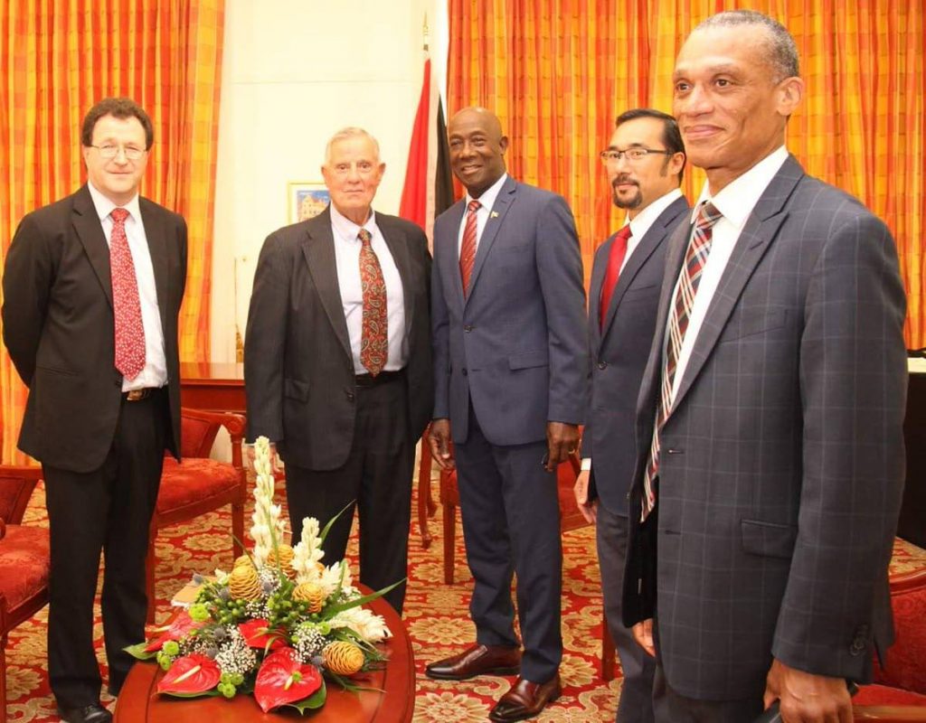 Prime Minister Dr Keith Rowley meets with US Ambassador to TT Joseph Mondello at the Diplomatic Centre in St Ann’s. National Security Minister Stuart Young and Foreign and Caricom Affairs Minister Dennis Moses also attended the meeting. PHOTO COURTESY OFFICE OF THE PRIME MINISTER