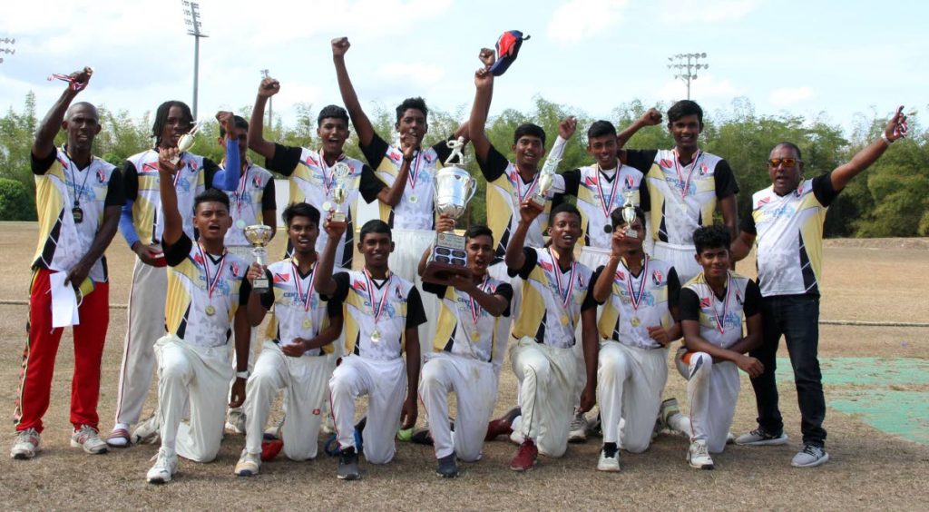 The Central Zone cricket team celebrate winning the TT Cricket Board Under-17 Interzonal 50-over title yesteday, at the National Cricket Centre, Balmain,Couva. Central beat North Zone by eight wickets.