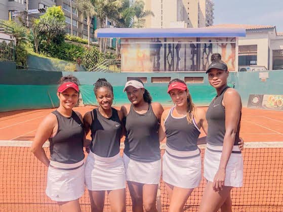 TT Fed Cup squad, from left to right, captain Carlista Mohammed, Anya King, Yolande Leacock, Breana Stampfli and Anneliese Rose. 