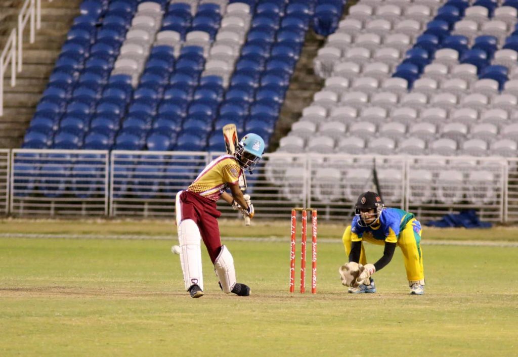 Teron Jadoo of Hillview College is seen batting against Shiva Boys Hindu College at the Brian Lara Cricket Academy in the semifinals of the PowerGen Secondary Schools Intercol T20 competition, on Thursday night. 