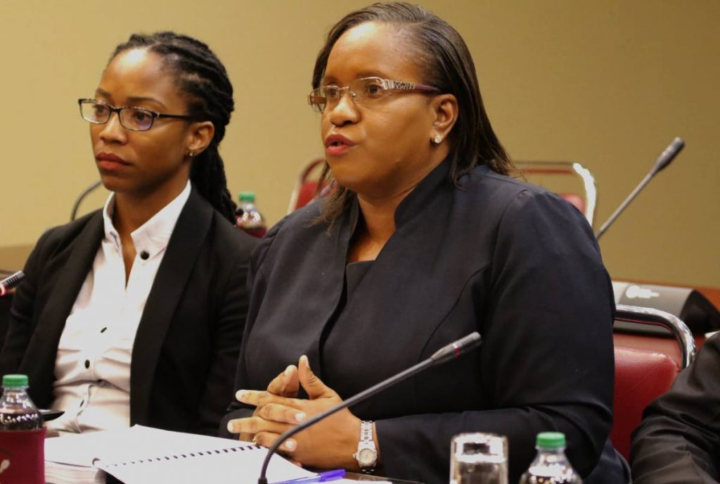 COURTHOUSE WOES: Assistant DPP Tricia Hudlin-Cooper, right, at yesterday’s Joint Select Committee hearing where she underlined some of the problems prosecutors face in doing their job at the country’s magistrates courts. PHOTO COURTESY TT PARLIAMENT
