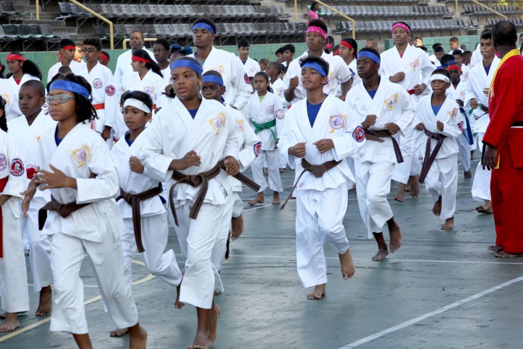 Students of various dojos throughout TT prepare to take part in a Purple Dragon grading event held, on Sunday, at the Jean Pierre Complex, Port of Spain.