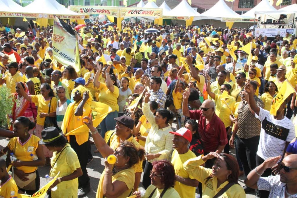 Supporters are out in their numbers at UNC’S 30th-anniversary celebrations hosted at the Couva south constituency car park yesterday.