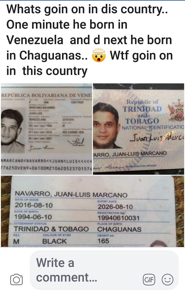 The photo of the Venezuelan passport and TT identification card in the name of the same person.