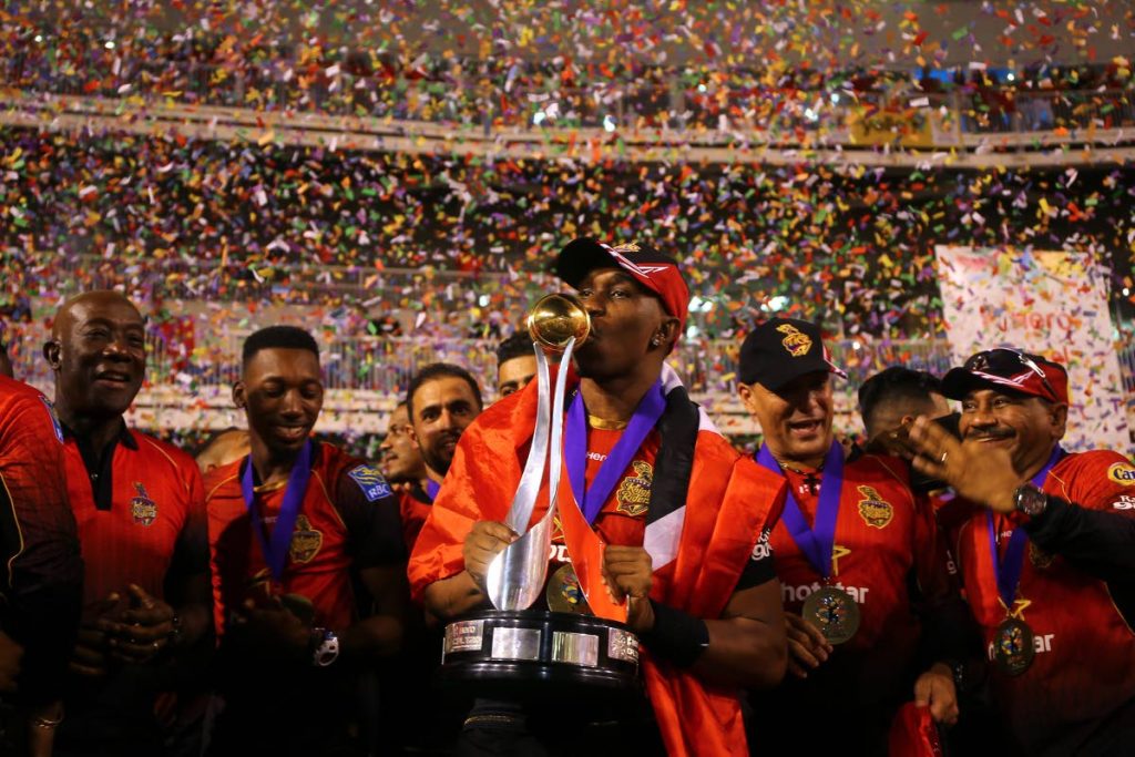 Dwayne Bravo kisses the trophy after leading the Trinbago Knight Riders to victory over the Guyana Amazon Warriors at the 2018 Final, which was held at the Brian Lara Stadium, Tarouba. 