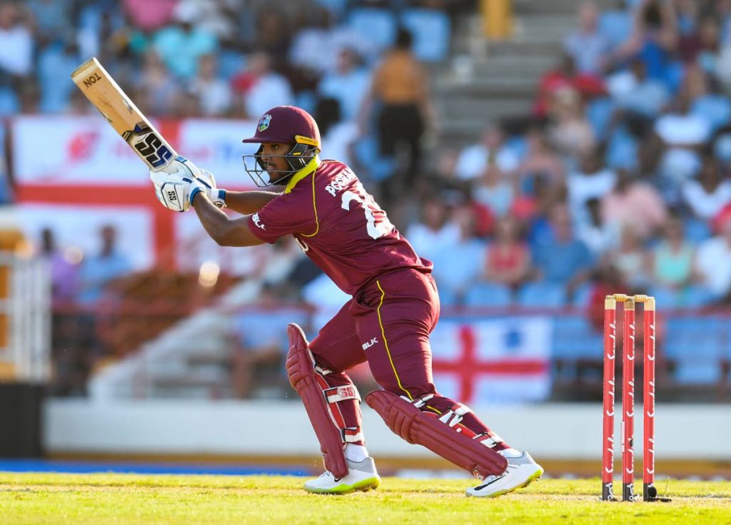 In this file photo, Nicholas Pooran of West Indies hits 4 during a T20 match between the West Indies and England at Darren Sammy Cricket Ground in Gros Islet, Saint Lucia on March 5. AFP PHOTO