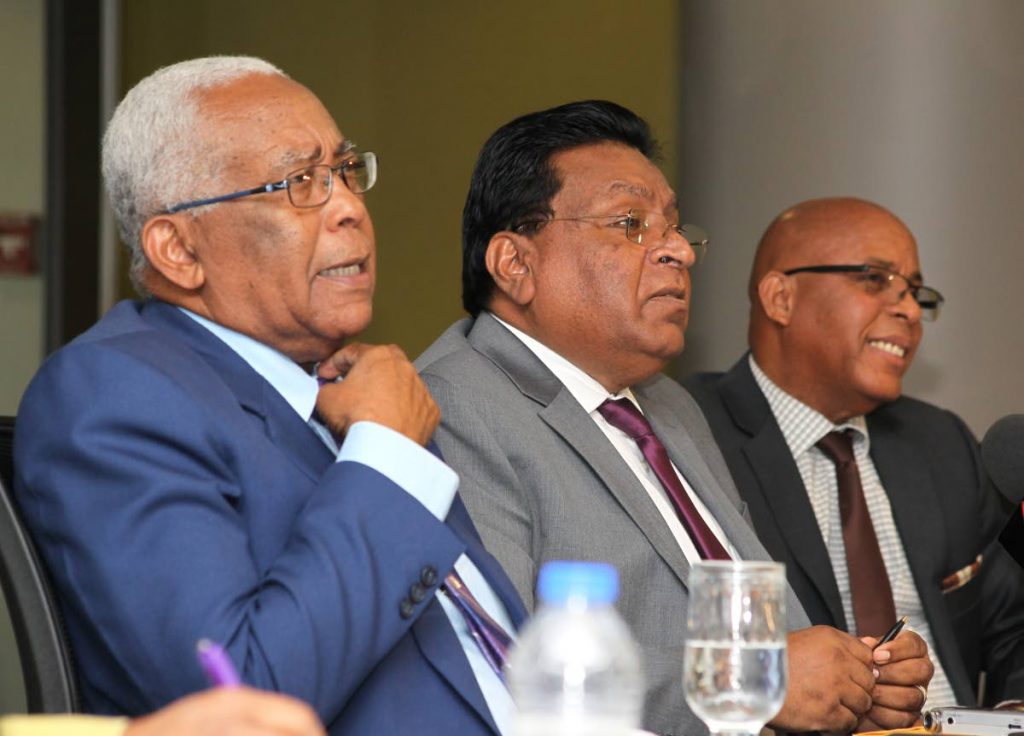 Education Minister Anthony Garcia, left, Chief Education Officer Harrilal Seecharan, centre, and manager of Student Support Services Prof Dennis Conrad during a briefing on the 2019 SEA exam on April 4. Garcia expects to receive a report on cheating during the May 15 CSEC math exam on Monday. FILE PHOTO