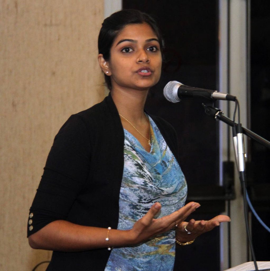 Clinical Psychologists Victoria Siewnarine-Geelalsingh speaks during a seminar on suicide prevention at the Amphitheatre B, Eric Williams Medical Sciences Complex,  on April 27. PHOTO BY AYANNA KISNALE
