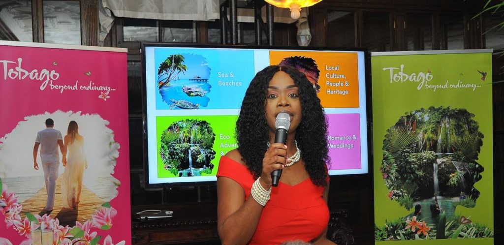 MARKETING DRIVE: THA Tourism Secretary Nadine Stewart-Phillips addresses the launch of the new Tobago Beyond brand in Toronto, Canada last Wednesday. PHOTO COURTESY MAURICE GODDARD