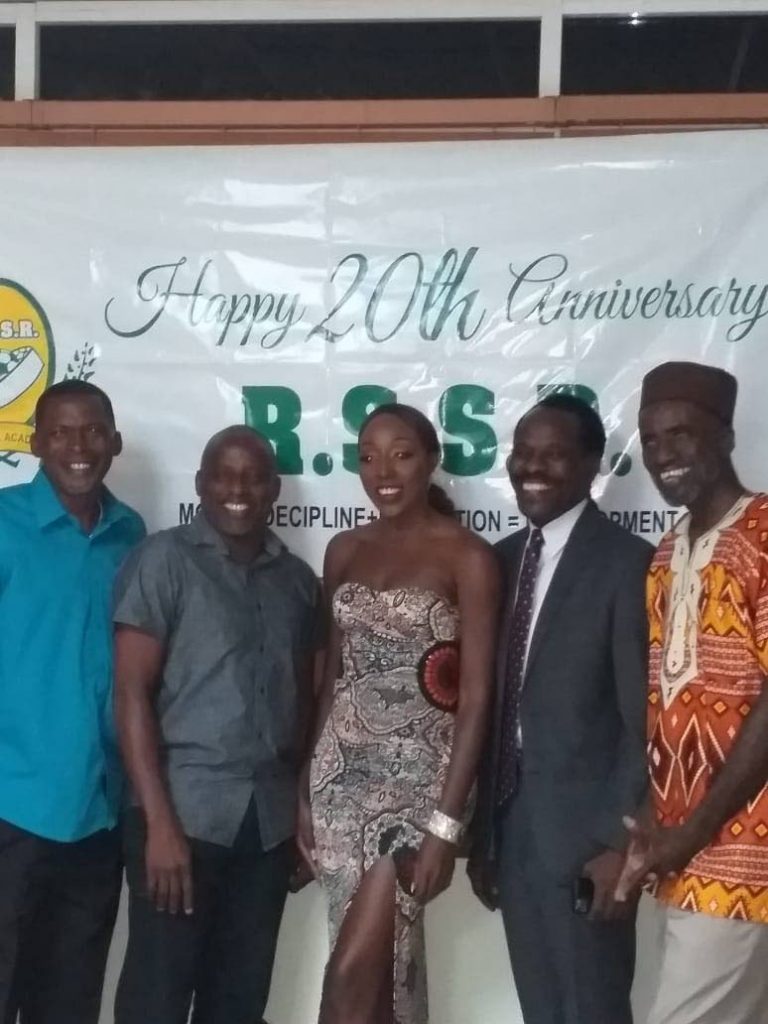 Co-founder Dexter Harris (left), former TT footballer Hutson Charles (second from left), former Miss World TT Athaliah Samuel (centre), MP Fitzgerald Hinds (second from right) and co-founder Ruthvin Charles at the RSSR Football Academy 20th Anniversary celebrations at Queen’s Park Oval, on Friday night.