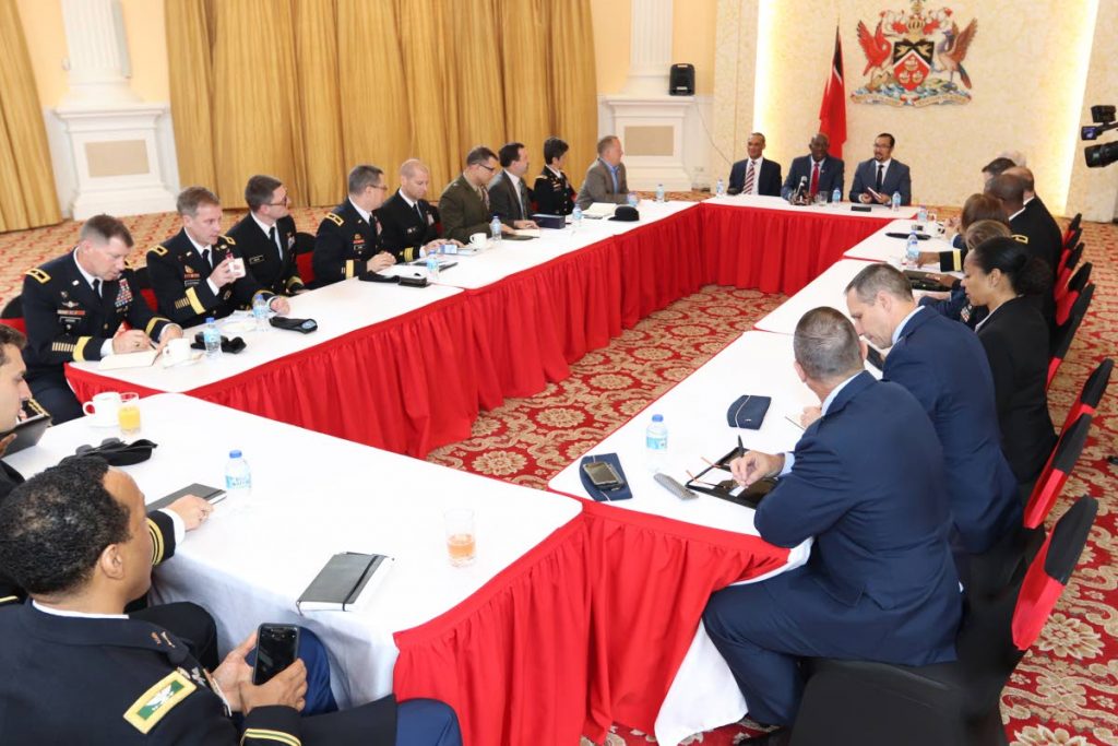 MEETING: Prime Minister Dr Keith Rowley along with Foreign Affairs Minister Dennis Moses and National Security Minister Stuart Young met yesterday with a visiting delegation of recently promoted US Brigadier Generals at the Diplomatic Centre in St Ann’s.
PHOTO COURTESY US EMBASSY