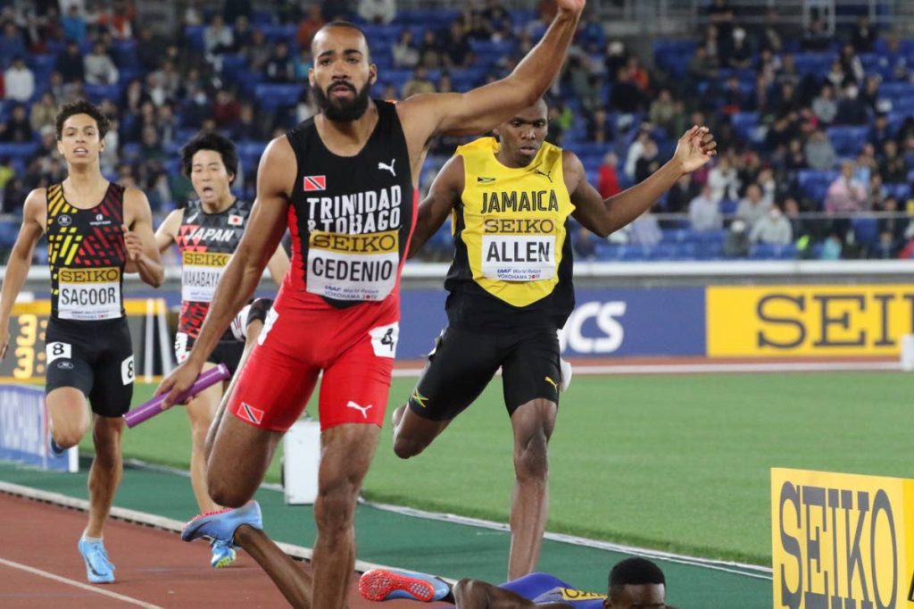 IT'S OVER: Machel Cedenio crosses the finish line to anchor TT to the 4x400m gold at the IAAF World Relays in Yokohama, Japan. 