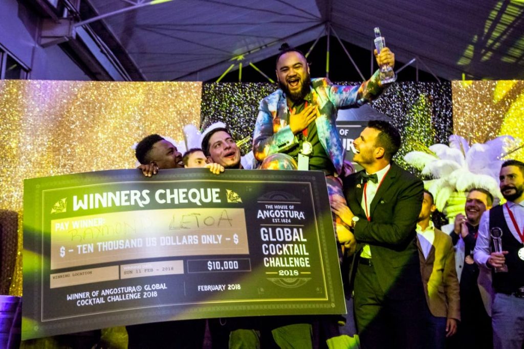 Ray Letoa of New Zealand celebrates his victory at the 2019 Angostura Global Cocktail Challenge.
