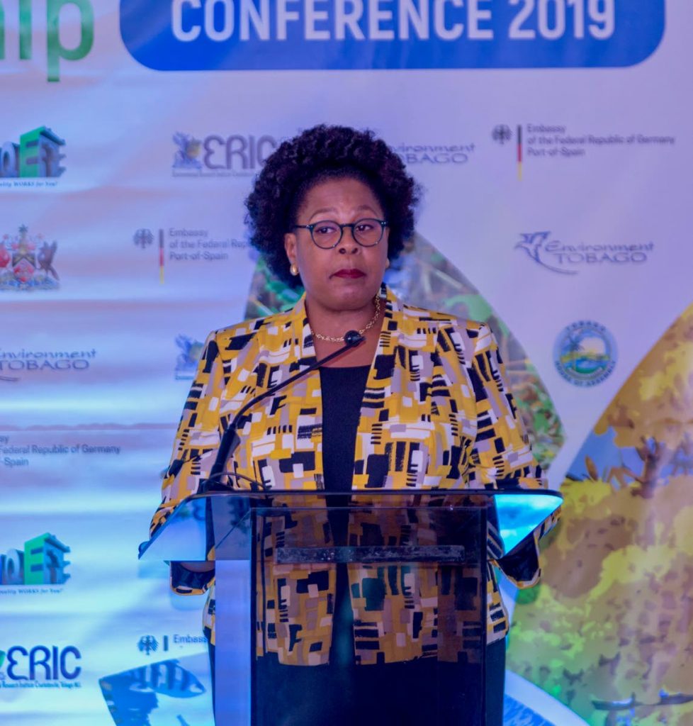 President Paula-Mae Weekes speaks at the inaugural Tobago Environment Conference on Monday.