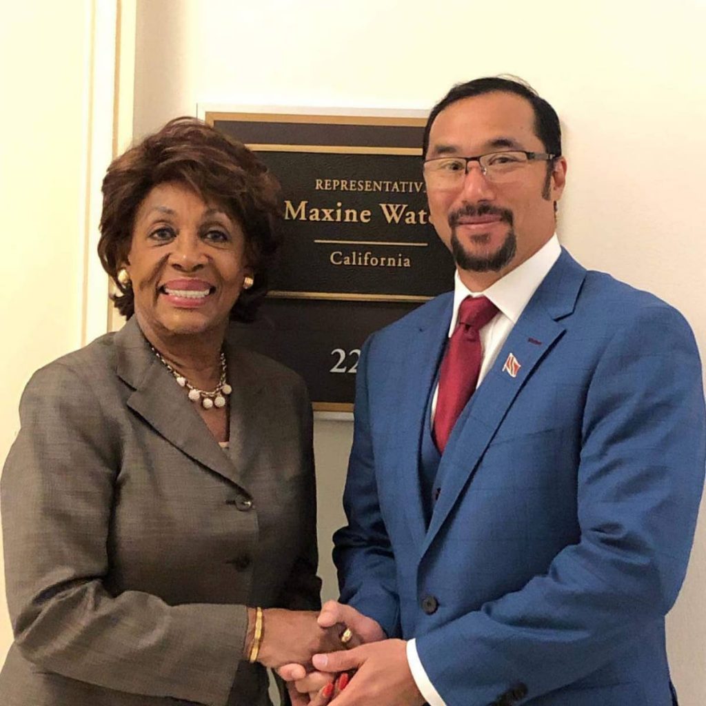 National Security Minister Stuart Young, right, meets Congresswoman Maxine Waters during a Caricom delegation visit to the US Congress on Wednesday. PHOTO COURTESY THE MINISTRY OF NATIONAL SECURITY