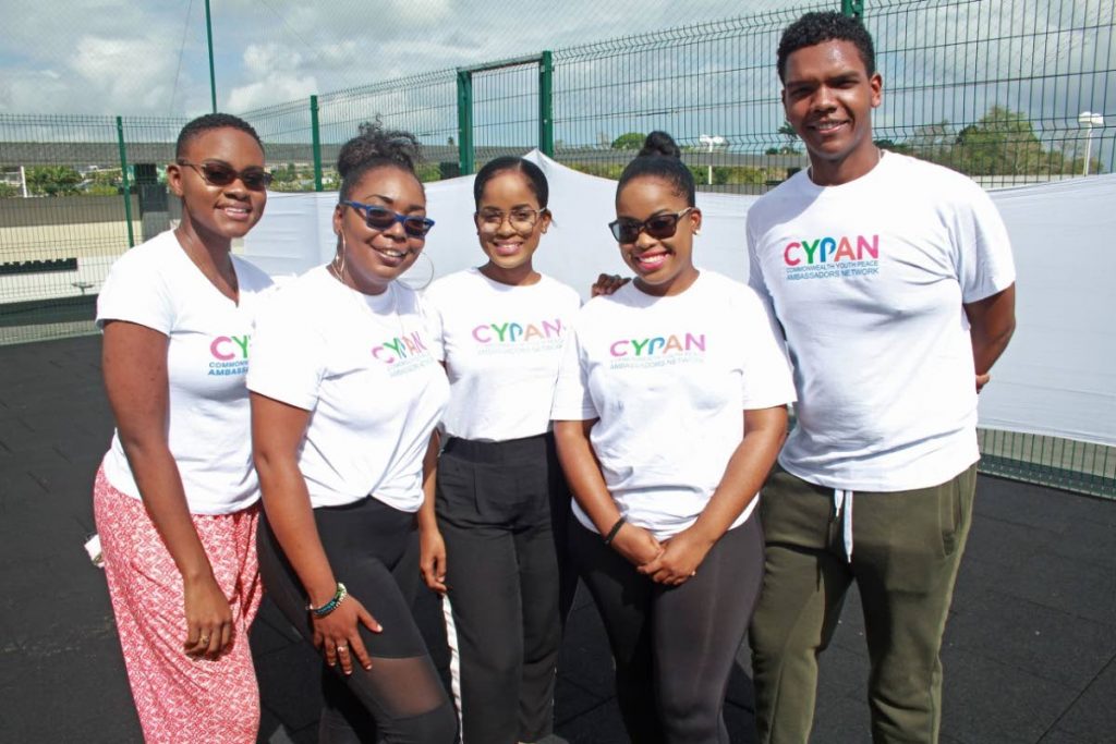 Country coordinator Terez Lord (centre) and other members of the Commonwealth Youth Peace Ambassador Network at its Breakfast and Yoga Soiree at South Park Mall, Fitness Centre on Sunday.