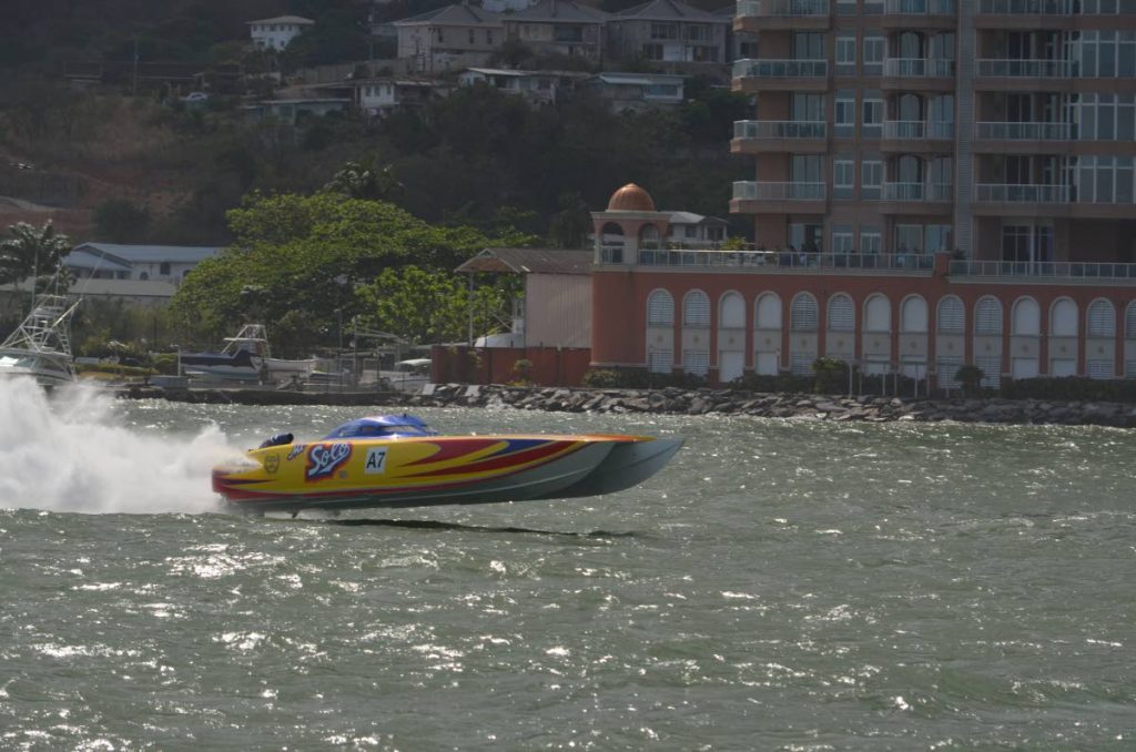 Mr Solo Too powers to victory in the 130mph category at the Corsa Marine Regatta #3 hosted by TT Power Boat Association yesterday. Photo courtesy Ronald Daniel