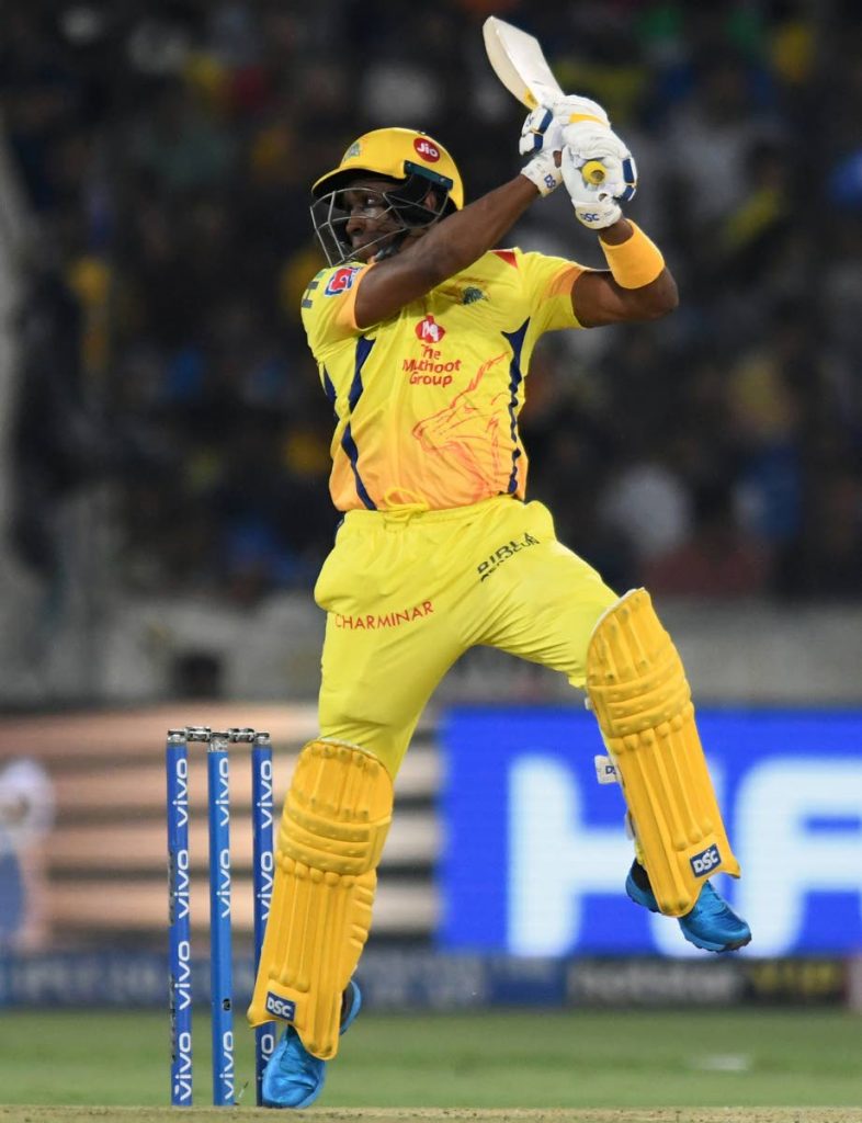 In this file photo, Chennai Super Kings cricketer Dwayne Bravo plays a shot during the 2019 Indian Premier League (IPL) Twenty20 final cricket match between Mumbai Indians and Chennai Super Kings at the Rajiv Gandhi International Cricket Stadium in Hyderabad on May 12.
