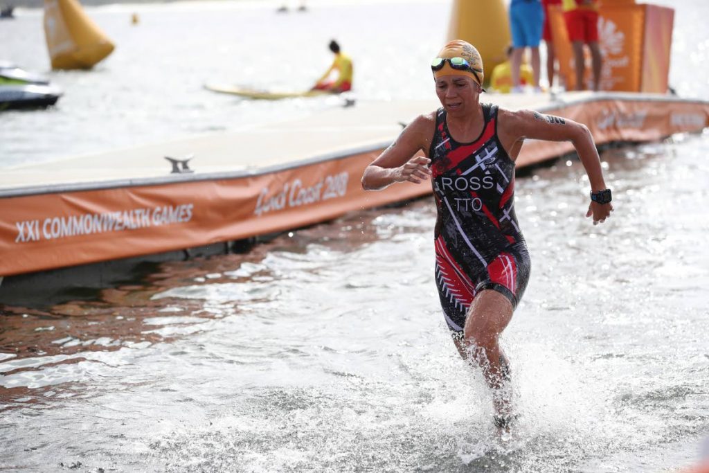 TT’s Jenna Ross leaves the water to transition to the cycling leg, in the women’s triathlon, at the 2018 Commonwalth Games at the Gold Coast, Australia.
