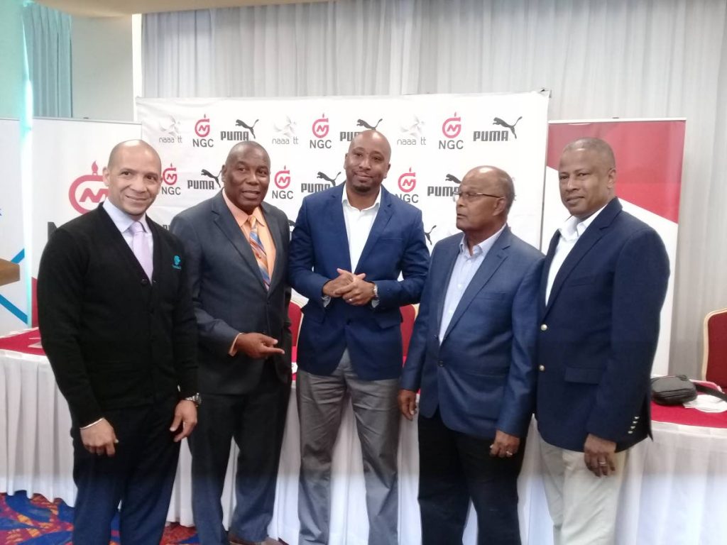 Dexter Voisin of NAAA, from right, Kenneth Ferguson of Kenson Group of Companies, Myles Lewis of NGC, Ephraim Serrette of NAAA and Christopher Aird of Republic Bank at the launch of the Championship Series, yesterday.