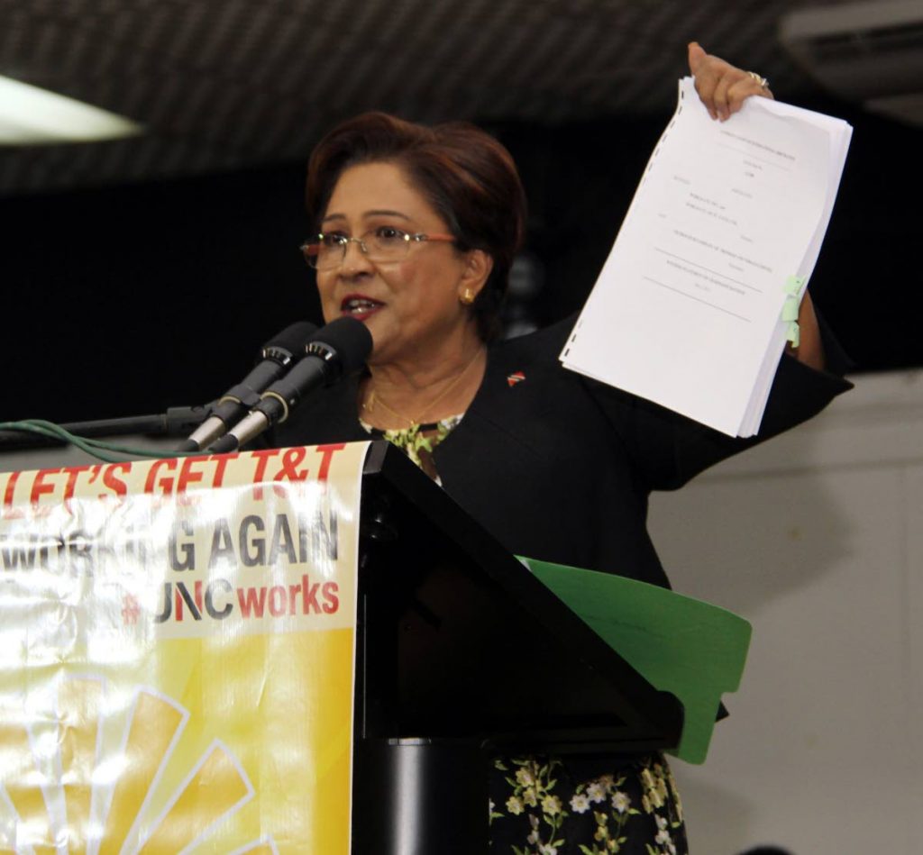 Opposition Leader Kamla Persad-Bissessar addresses supporters at the UNC’s Monday Night Forum.