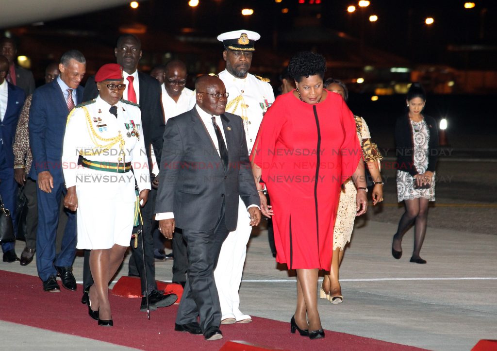 Her Excellency, Madame Justice Paula-Mae Weekes, greets his excellency Nana Akufi-Addo, President of Ghana, on his arrival to TT at the start of his official state visit.

Photo: Roger Jacob