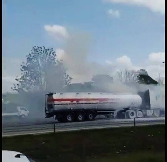 Screenshot of the road tanker wagon on fire on the Solomon Hochoy Highway yesterday.