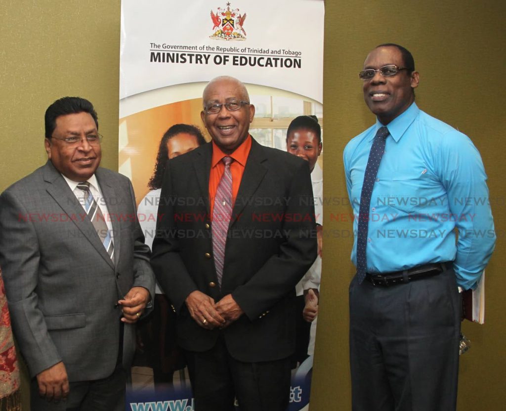 Minister of Education Anthony Garcia alongside Mr. Harrilal Seecharan, Chief Education Officer and Gerard Phillip, Head of ICT Education and Curriculum Specialist pose after a media conference hosted by Education Minister and officials of the Ministry of Education, 4th Floor, Conference Room, Ministry of Education, St Vincent Street, Port of Spain. Monday, June 17, 2019. Photo by Roger Jacob