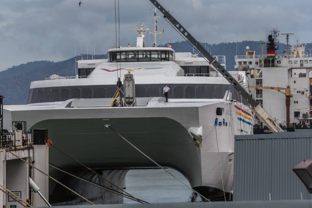 The high speed catamaran, Jean de la Valette, docked in Port of Spain last Wednesday. The passenger vessel will service the seabridge. PHOTO BY JEFF MAYERS