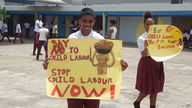 Students of Brazil Secondary School participate in a school awareness campaign on child labour.