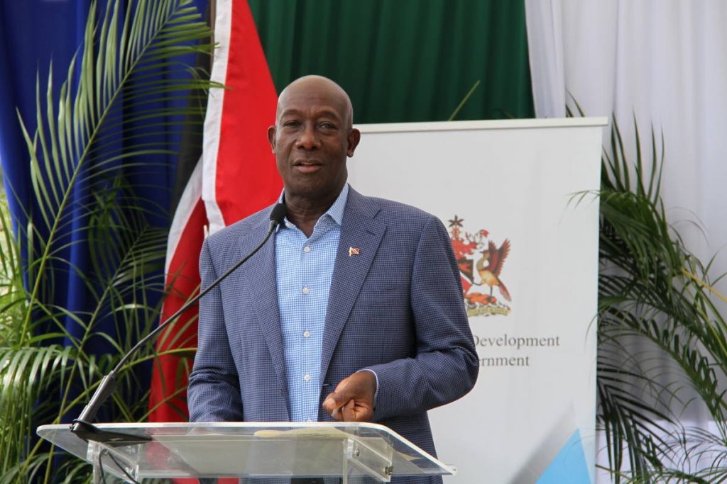 Prime Minister Dr Keith Rowley speaks at the launch of the National Street Signage Programme in Diego Martin on Wednesday.  
PHOTO COURTESY OFFICE OF THE PRIME MINISTER