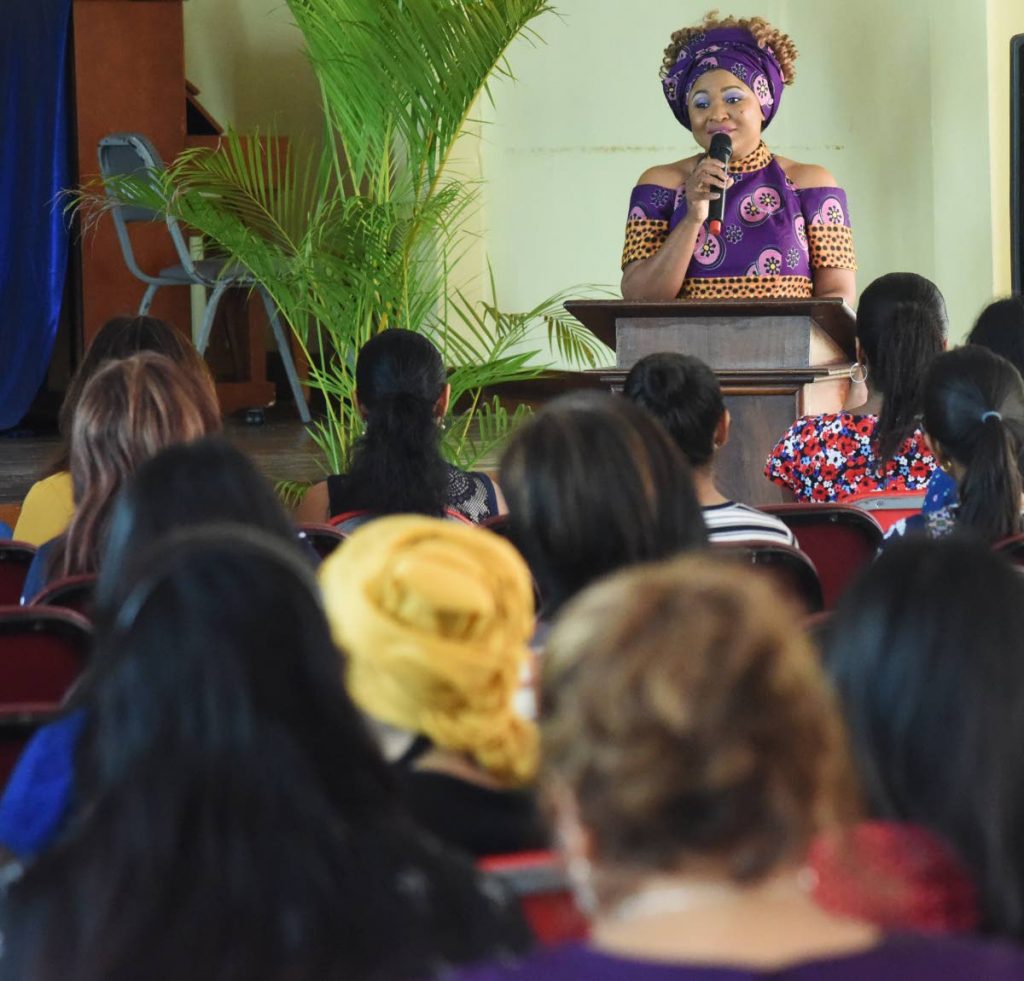 Minister of Community Development, Culture and the Arts Dr Nyan Gadsby-Dolly addresses St Augustine Girls High students during a career fair at the school, Evans Street, Curepe. PHOTO BY KERWIN PIERRE.