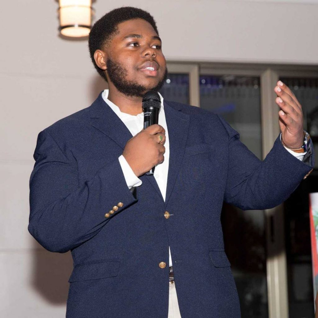 ALMA Diamond Scholar for 2018-2019 Yohance Huggins-Charles delivers acceptance remarks for the $100,000 KCV scholarship in May. He will use the funds for studies at Carleton University in Canada.
