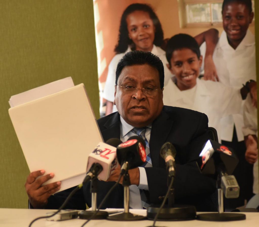 Chife Education Officer Harrilal Seecharan speaks at a press conference at the Ministry of Education on St Vincent Street,  Port of Spain on Wednesday. PHOTO BY KERWIN PIERRE.