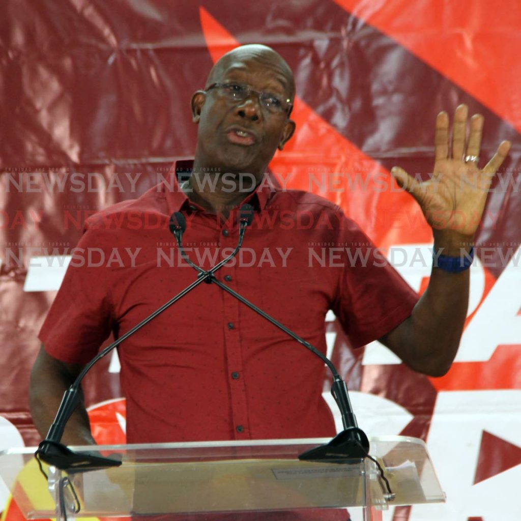 PM Dr. Keith Rowley addressing the gathering at  the PNM political meeting held at Pleasantville Community Center last night. 