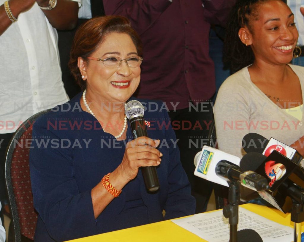 Opposition leader Kamla Persad-Bissessar, left,  speaks at a press conference at the UNC regional office in San Fernando on Wednesday.
PHOTO BY: CHEQUANA WHEELER