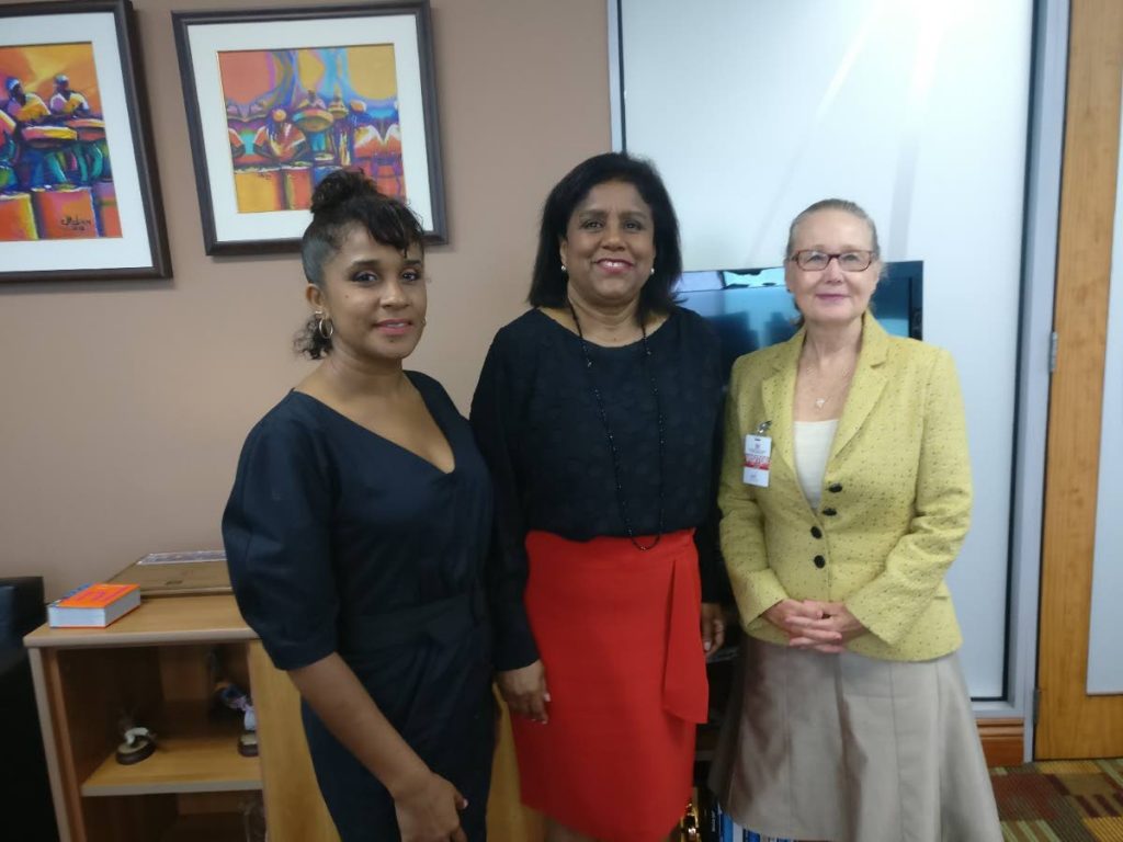 Trade Minister Paula Gopee-Scoon, centre, with Camille Selvon Abrahams, Animae Caribe founder, left, and  Joan Vogelesang, international animation consultant.

 

 