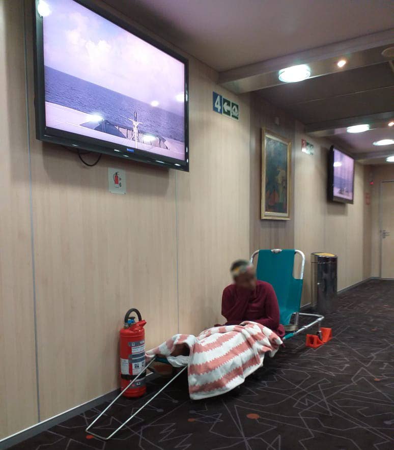 Kherse Walker, 16, on a stretcher in the Jean de la Valette fast ferry last Thursday. 