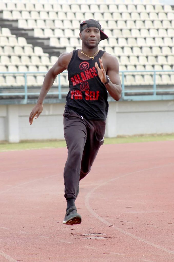 TT sprinter and double Olympic medallist Emmanuel Callender takes part in a training session, at the Larry Gomes Stadium, Malabar, yesterday. Callender will take part in the National Track and Field Championsips, which take place this weekend.