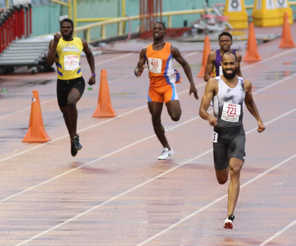 Machel Cedenio easily wins the men’s 400m final at the 2019 NGC/NAAA National Open Championships with a time of 44:52 seconds, at the Hasely Crawford Stadium in Port of Spain, yesterday. 
