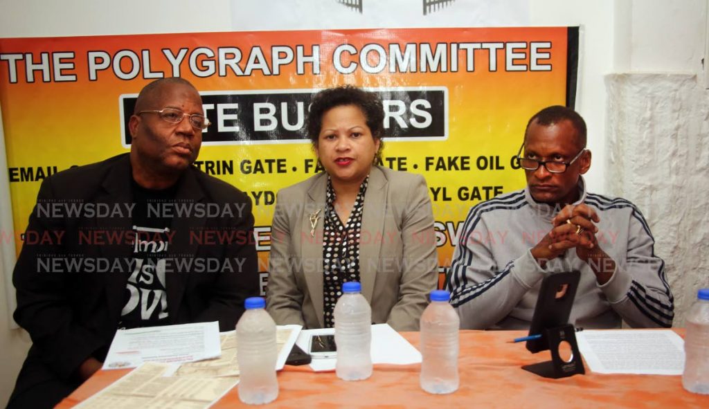 From left: Lennox Smith, Attorney Nyree Alfonso and Garth Christopher at a Polygraph Committee press conference at Victoria Suites, Park Street, Port of Spain, on Wednesday. PHOTO SUREASH CHOLAI