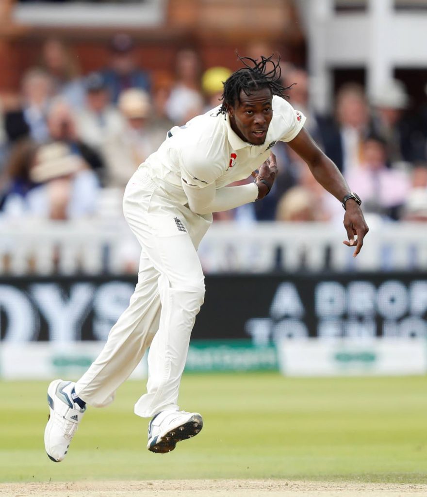 England’s Jofra Archer bowls to Australia’s Steve Smith during play on day four of the 2nd Ashes Test against Australia at Lord’s cricket ground in London, on 
August 17. (AP Photo)