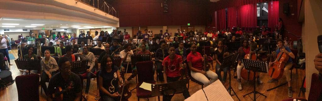 The Caribbean Youth Orchestra at practice at City Hall, Port of Spain on Wednesday.