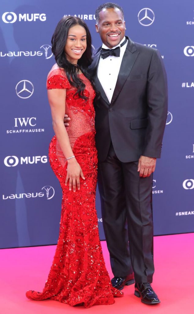 In this file photo, Jamaican sprinter Briana Williams (L) poses with her coach TT’s Ato Boldon on the red carpet before the 2019 Laureus World Sports Awards ceremony at the Sporting Monte-Carlo complex in Monaco on February 18.
