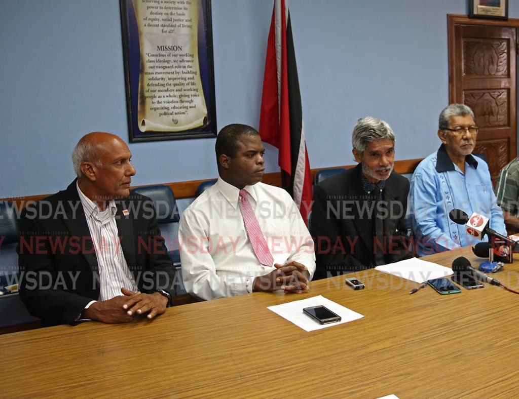 From left: Members of the Highway Reroute Movement,  Suresh Chaitoo, Jason Ash, environmentalist Dr Wayne Kublalsingh and MSJ Leader David Abdulah during a media briefing at the Oilfields Workers' Trade Union Hall, San Fernando, on Friday. PHOTO BY: MARVIN HAMILTON