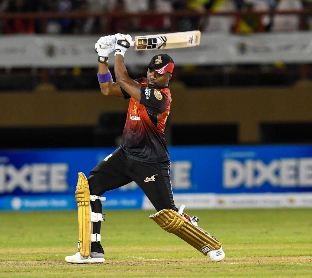 In this Sep 11, 2018 file photo, Darren Bravo of the Trinbago Knight Riders hits a four during a Hero CPL playoff match against the Guyana Amazon Warriors at the Providence Stadium, Guyana. Bravo is fit for tonight’s match against St Kitts and Nevis Patriots.