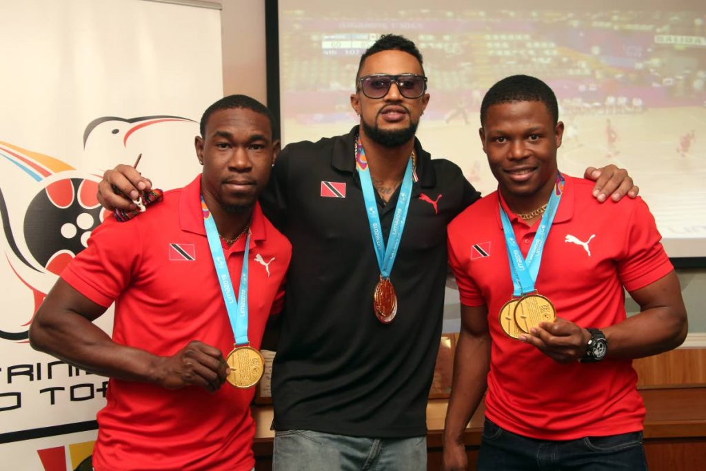 In this file photo, TT cyclists Keron Bramble, from left, Njisane Phillip and Nicholas Paul pose with their 2019 Pan American Games medals at the TT Olympic House in Port of Spain, on August 7. PHOTO BY SUREASH CHOLAI