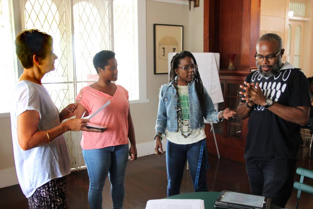 (L-R) Sparklab Productions director Mel Harris, female lead voice actors Mandisa Granderson, writer Elisha Efua Bartels, and male lead Conrad Parris during a rehearsal of Water More Than Flour.